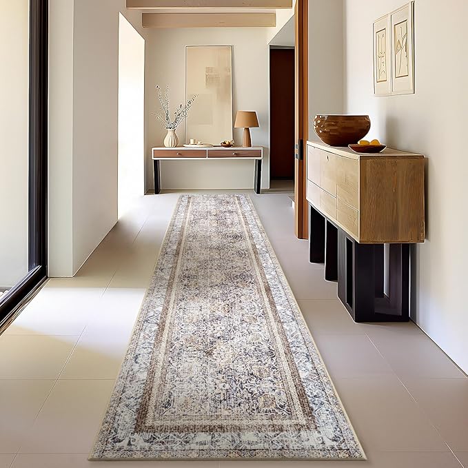 Phantoscope Hallway Runner Rug 2'x6' - Boho Washable Non-Slip Kitchen Rug Runner, Ultra-Thin Vintage Distressed Accent Throw Rug for Entryway Laundry Bathroom Bedroom, Light Brown