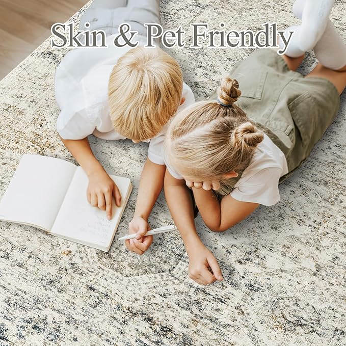 10x14 Area Rugs for Living Room, Non Slip Machine Washable Vintage Rugs, Low Pile Lightweight Large Rug for Bedroom, Dining Room, Home Office Blue Ivory