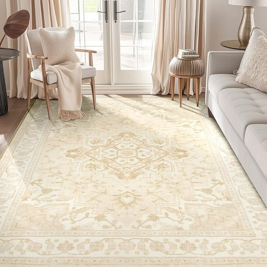 BESTSWEETIE 6x9 Area Rugs for Living Room, Washable Ultra Soft Boho Vintage Print Pattern Rug Non Slip Low Pile Carpet for Dining Room Bedroom Entryway Indoor-Light Coffee