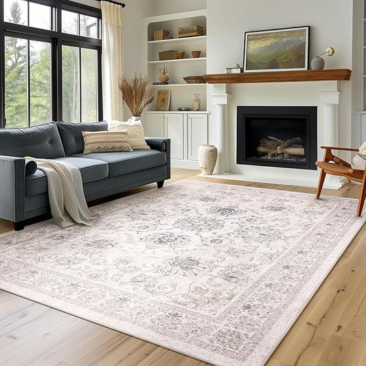Phantoscope Vintage Collection Area Rug 5'x7' for Living Room - Washable Rug Large Boho Carpet Non-Slip for Bedroom Dining Room, Indoor Low-Pile Neutral Distressed Accent Rug, Beige/Neutral