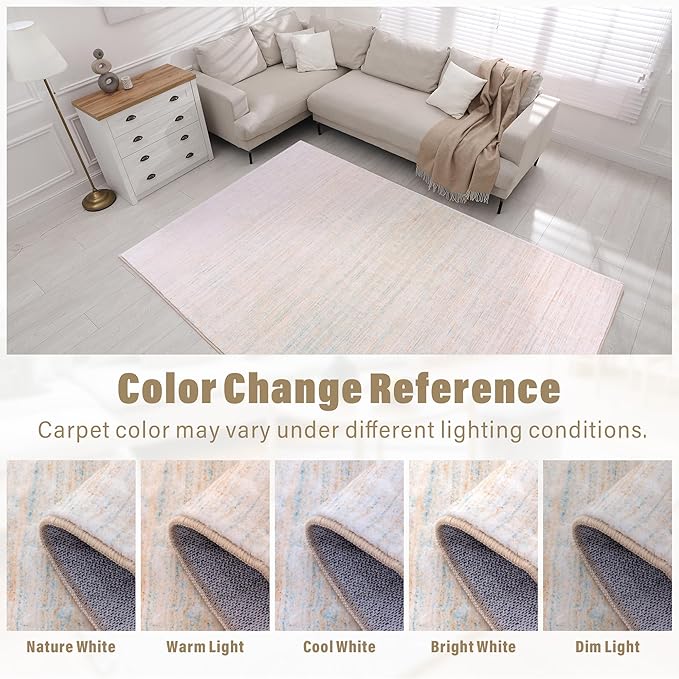 Carvapet Rugs for Living Room, Ombre Beige Modern Boho Low Pile Large Carpet with Rubber Backing, Foldable, Non Slip Machine Washable (7 x 5 Feet Rectangular, Beige Area Rug)