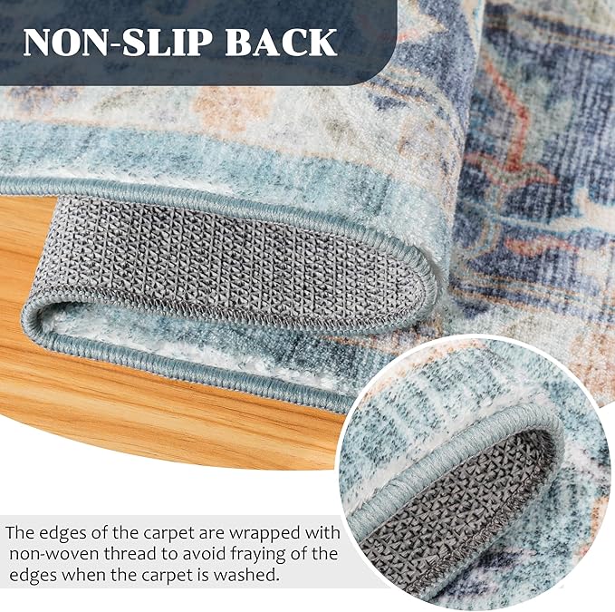 2x3 Machine Washable Area Rugs Boho Vintage Design Rug for Living Room, Bedroom, Kitchen, Soft Non-Slip Indoor Rug, Vintage Blue/Multi-Print Design
