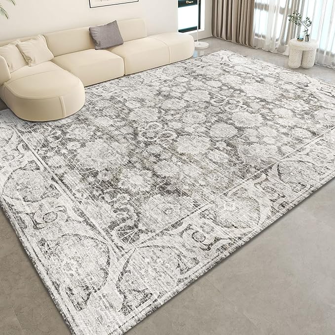 Floral Living Room Rug 8x10, Washable Taupe Area Rugs for Bedroom, Vintage Rug 8x10, Soft Pet Friendly Stain Resistant Floor Carpets for Dining Room Decor (Taupe, 8X10)