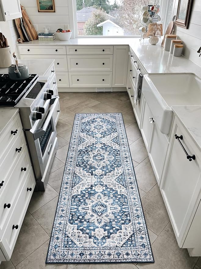Moynesa Ultra-Thin Washable Runner Rug - 2x6 Blue Laundry Room Rug Washable Kitchen Runners Bathroom Carpet Runner, Oriental Printed Pet Friendly Hallway Runners for Bedroom Entrance Entryway RV