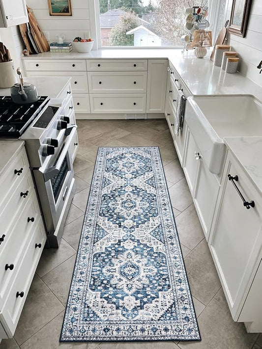 Moynesa Ultra-Thin Washable Runner Rug - 2x6 Blue Laundry Room Rug Washable Kitchen Runners Bathroom Carpet Runner, Oriental Printed Pet Friendly Hallway Runners for Bedroom Entrance Entryway RV