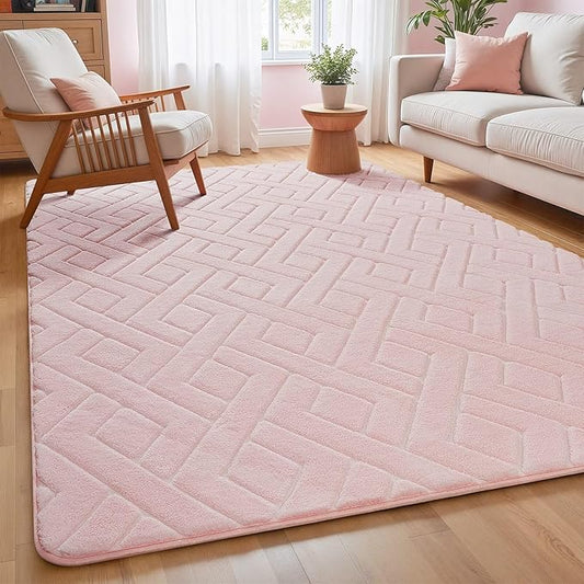 Ultra Soft Pink Area Rug for Living Room, 6x9 Modern Geometric Shag Rugs with Nonslip Backing for Bedroom, Washable Fuzzy Carpet for Cozy Kids Girls Room Nursery