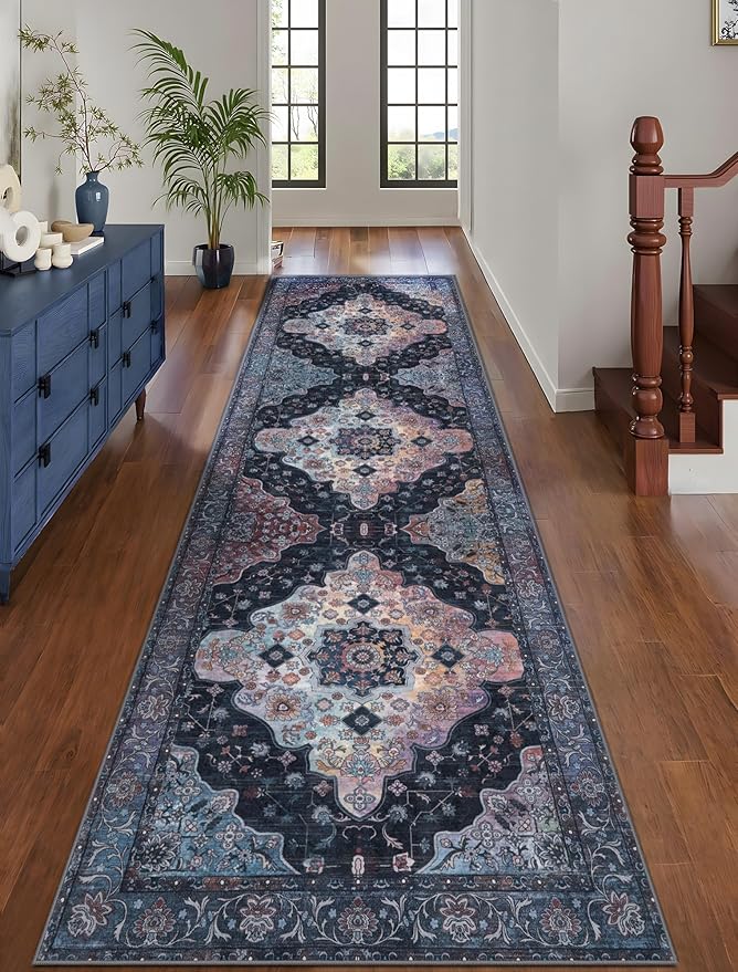 2.6x8 Washable Runner Rug for Hallways, Non Slip Vintage Runner, Soft Low Pile Long Rug Runner, Print Distressed Navy Carpet Runners for Kitchen Bedroom Entryway Bathroom Living Room