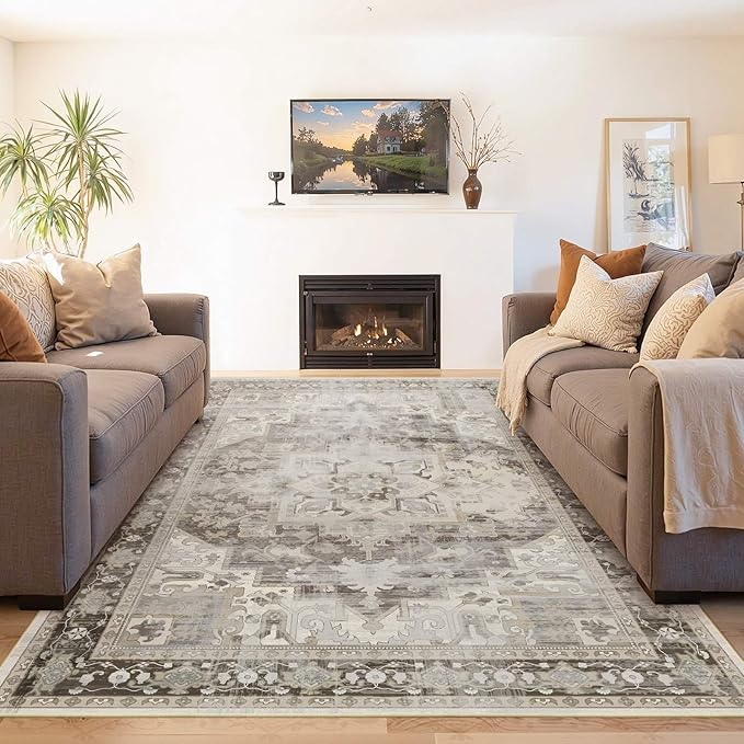 5X7 Washable Area Rug for Living Room, Vintage Large Boho Rugs for Office, Dining Room, Kids Room, Farmhouse, Durable Low Pile Non Slip Carpet for High Traffic Areas, Brown