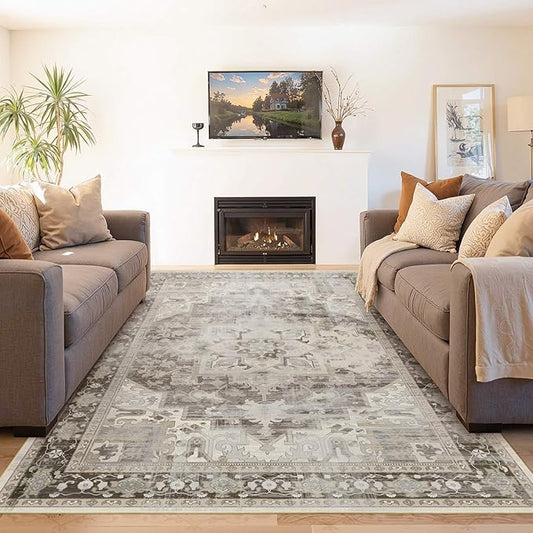 5X7 Washable Area Rug for Living Room, Vintage Large Boho Rugs for Office, Dining Room, Kids Room, Farmhouse, Durable Low Pile Non Slip Carpet for High Traffic Areas, Brown