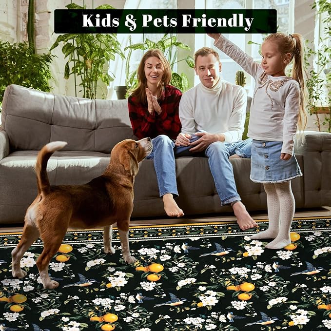 ASPMIZ Vintage Floral Area Rug 5x7 Rug for Living Room Black Washable Rugs for Bedroom Non Slip Soft Low Pile Lemon Hummingbird Throw Rugs for Dining Room Nursery Kitchen Entryway Laundry Office