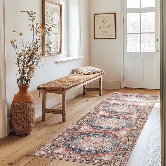 Washable 2x10 Area Rugs, Rugs for Living Room, Low-Pile Water&Stain Resistant Carpet Vintage Distressed Printed Non-Slip Carpet for Bedroom Bathroom Kitchen-Dark Red