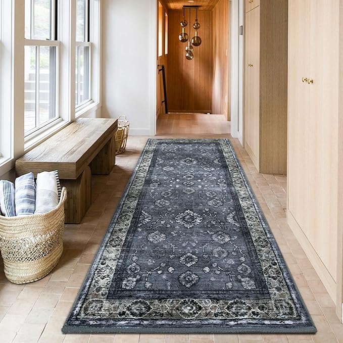 2x6 Runner Rug,Washable Kitchen Rugs with Non-Slip Backing,Low Pile Vintage Area Rug for Kitchen Floor, Hallway,Bathroom,Bedroom,Lightgrey