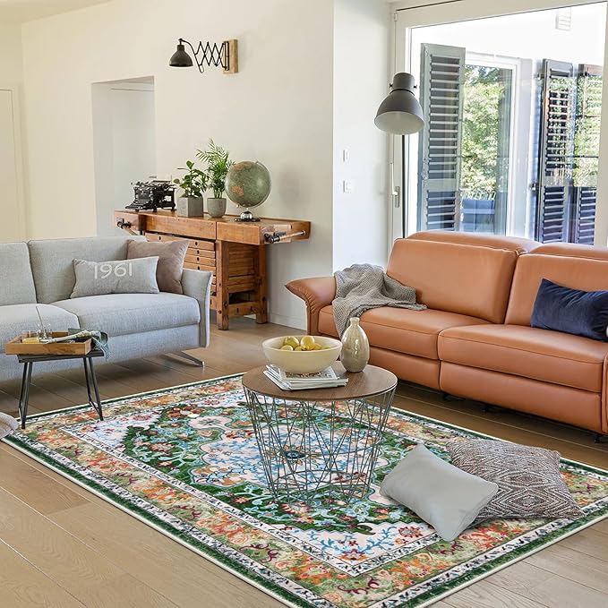 U'Artlines Boho Vintage Area Rug 4x6 Machine Washable Low Pile Soft Floor Carpet Non Slip Non Shedding Accent Rug for Living Room Bedroom Entryway Dining Room Office Green
