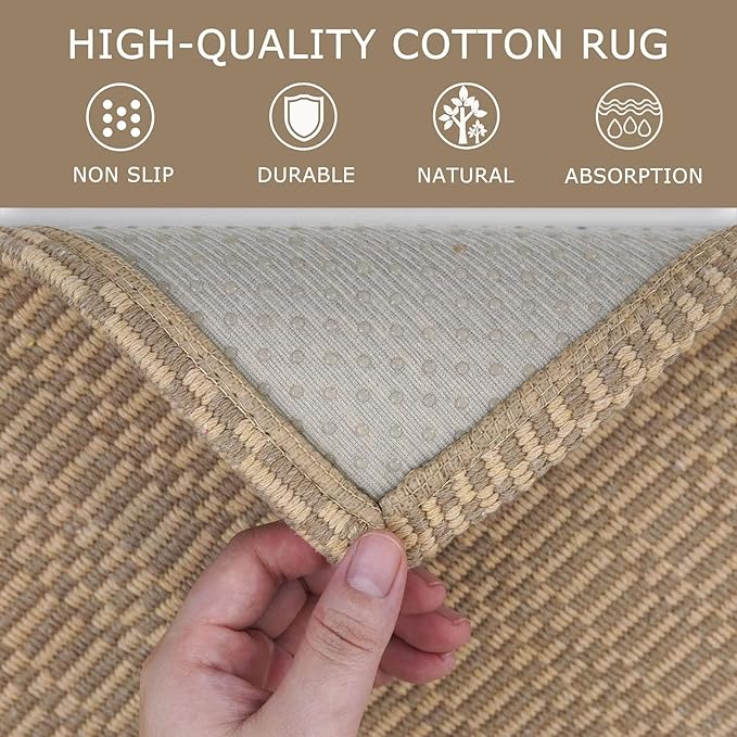 KOZYFLY Washable Runner Rug 2x8 Ft Runners for Hallway Rubber Backed Kitchen Runner Rugs Braided Cotton Entryway Runner Indoor, Carpet Runners for Hallway Entryway Bedroom, Beige/Khaki
