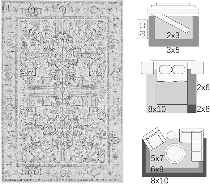 jinchan Kitchen Runner Rug 2x8 - Vintage Floral Machine Washable Non-Slip Hallway Runner Rug with Rubber Backing Ultra-Thin Carpet for Bedroom Laundry Room Farmhouse (2x8ft,Grey)