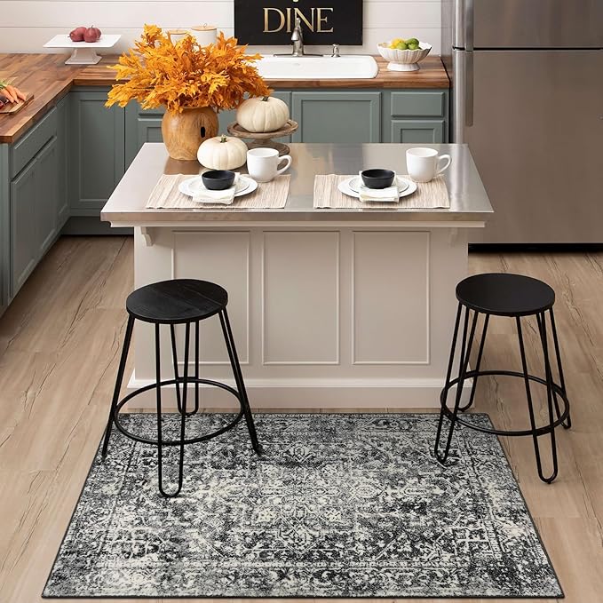 Morebes Boho Black 4x6 Rug for Living Room, Machine Washable Area Rug for Bedroom Non Slip, Medallion Vintage Stain-Resistant Soft Low Pile Indoor Carpet for Office Kitchen Entryway