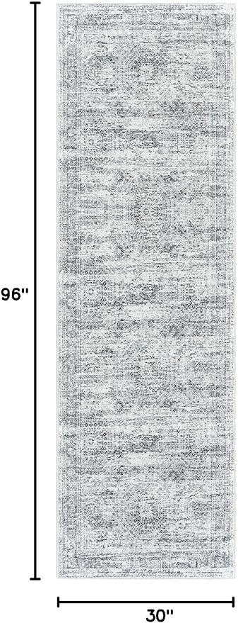 Washable Runner Rug, 2'6" x 8' Non-Slip Kitchen Vintage Foldable Hallway Runners for Entryway, Laundry, Bedroom, Grey