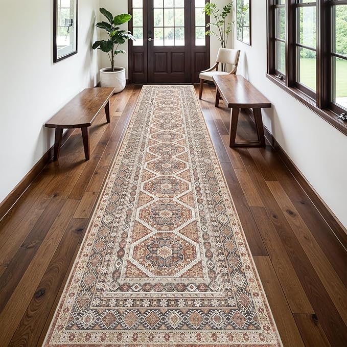 3x14 Runner Rug Kitchen Washable: Oriental Indoor Hallway Runners with Non Slip Backing Floor Mat for Entryway Door Low Pile Thin Carpet for Bedroom Bathroom Living Room Bedside Brick