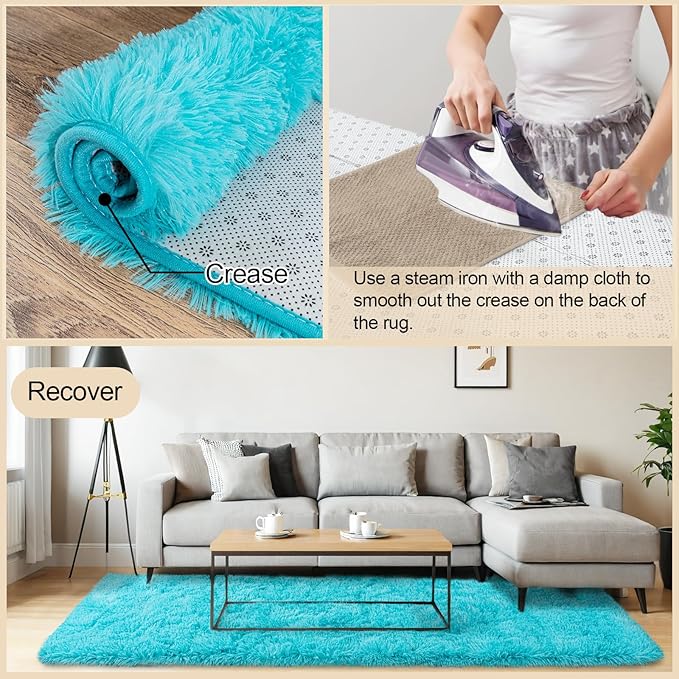 2x3 Rugs for Bedroom, Fluffy Area Rugs for Living Room, Soft Shag Kids Rug Small Carpet with 4 Non-Slip Rug Pads (Turquoise Blue, 2ft x 3ft)