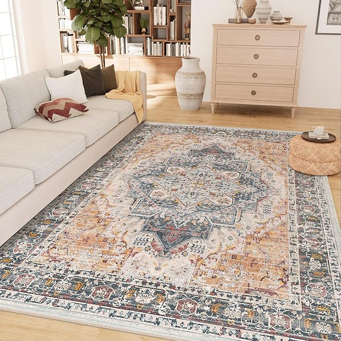 3x5 Area Rug Boho Machine Washable Living Room Rug Non Slip Low Pile Vintage Print Distressed Soft Carpet for Bedroom Diningroom Black/Yellow/Pink