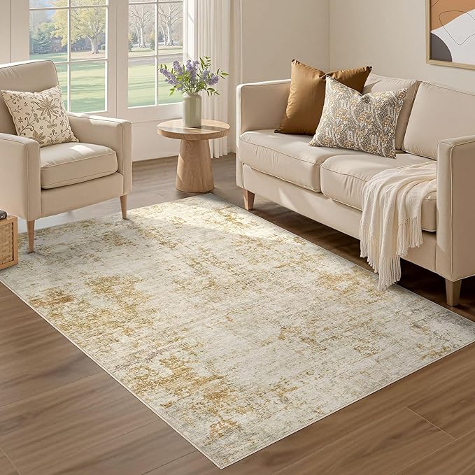 3x5 Area Rug Living Room Rugs - Washable Neutral Modern Abstract Soft Thin Rug Indoor Floor No Slip Rug Carpet for Bedroom Under Dining Table Home Office Decor - Golden Brown