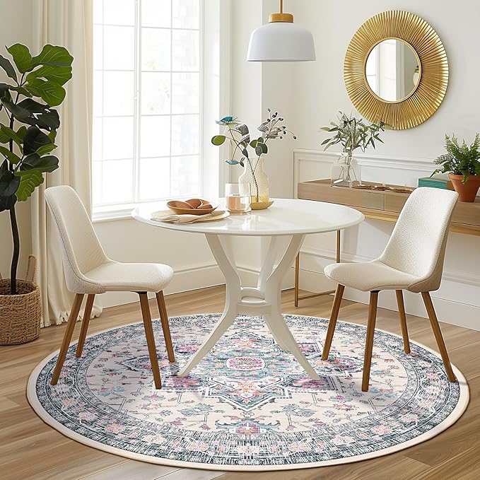 BESTSWEETIE 8ft Area Rugs for Living Room, Washable Ultra Soft Boho Vintage Print Pattern Rug Non Slip Low Pile Carpet for Dining Room Bedroom Entryway Indoor-Multi/Blue/Beige/Pink