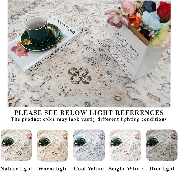 10x10 Rug Square Living Room, Bedroom Washable 10ft Square Soft Distressed Oriental Area Rugs Non Slip Backing Farmhouse Rug Low Pile Thin Stain Resistant Indoor Carpets, 10ft Ivory/Multi