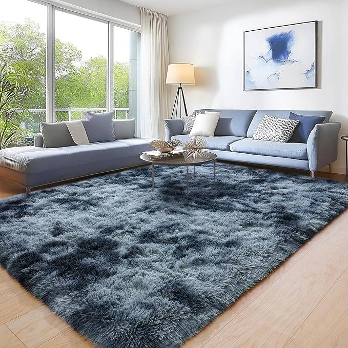 Large Area Rugs for Bedroom, 5x7 Feet Tie-Dyed Blue Grey Shaggy Fluffy Throw Carpets, Ultra Soft Plush Modern Indoor Fuzzy Rugs for Living Room Kids Room Nursery Dorm Home Decor