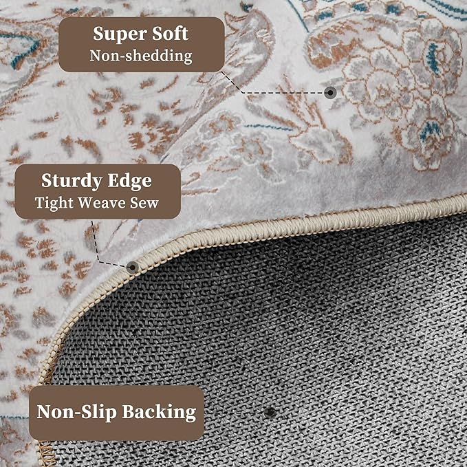 9x12 Rug, Washable Neutral Boho Modern Vintage Non Slip Floral Area Carpet, Low Pile Soft Rugs, Slip Resistance, Pet-Friendly, Durable Rug for Living Room, Bedroom, Kitchen, Dining Room