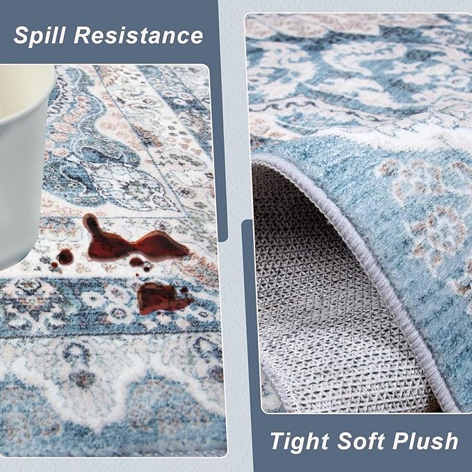 8x10 Area Rug for Bedroom, Machine Washable Rugs with Non-Slip Backing for Living Room, Large Vintage Carpet Kitchen Laundry Kids Room Decor, Blue & Beige