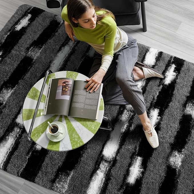Zentavio Area Rugs for Living Room Rugs for Bedroom 4x6 Carpet Fluffy Fuzzy Soft Shag Aesthetic Plush High Pile Throw Rug for Nursery Kids Room Dorm Vertical Stripes Black White