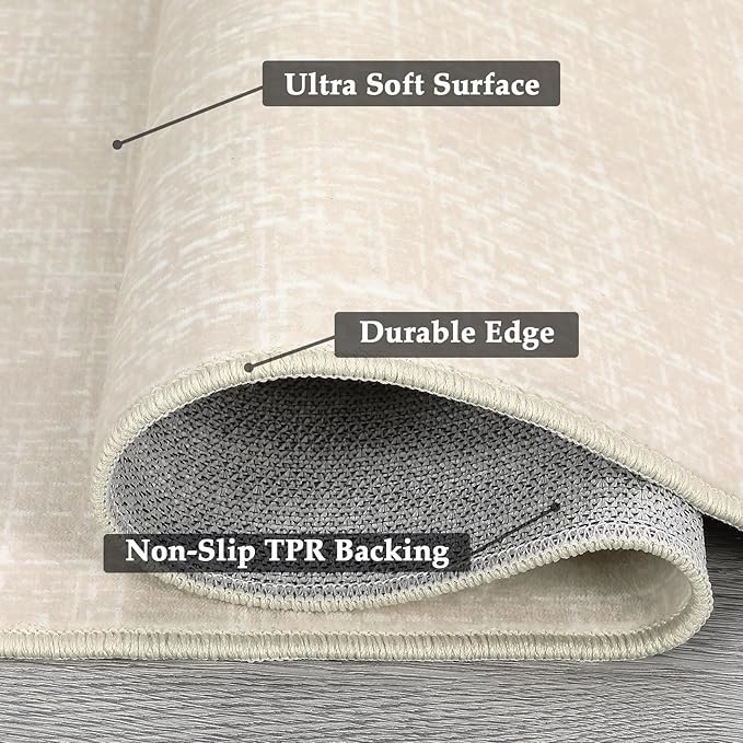 Bedroom Area Rug 4x6 Modern Abstract Area Rug Stain Resistant Small Living Room Rug Contemporary Dining Room Rug Non-Slip Solid Rug Aesthetic Accent Floor Carpet for Kitchen Office, Cream