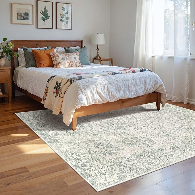 4x6 Washable Area Rug for Living Room, Vintage Boho Rugs for Office, Dining Room, Kids Room, Farmhouse, Durable Low Pile Non Slip Carpet for High Traffic Areas, Light Green