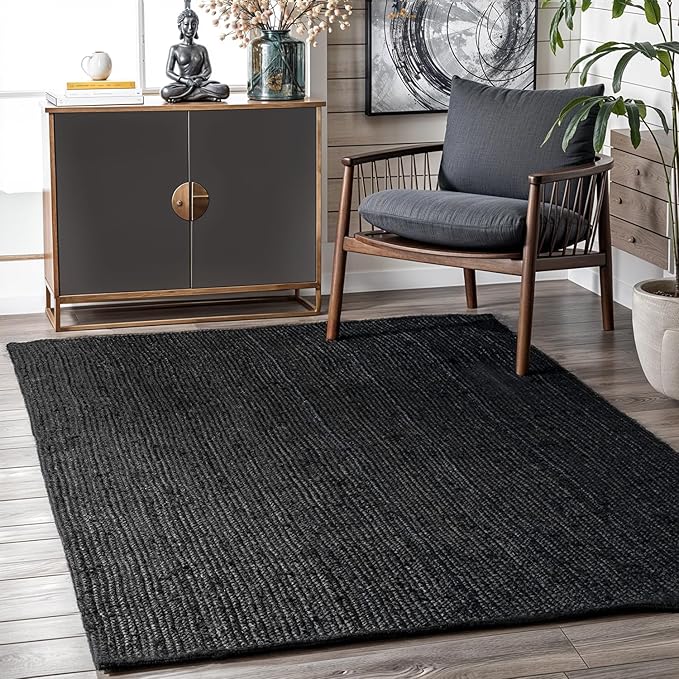 GRUHUM Black Jute Area Rug 9x12 Feet Rectangle Natural Fiber Boho Braided Handwoven Farmhouse Rustic Vintage EcoFriendly Large Carpet Home Décor Rugs - Living Room Hallways Bedroom Enterwayss 9x12'ft