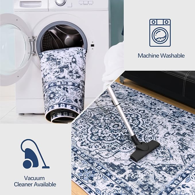 YJ.GWL Doormat Boho Area Rug 2x3, Machine Washable Small Low Pile Lightweight Thin Entryway Rug, Floral Vintage Distress Print Pattern Carpet for Entrance Kitchen Bedroom, Blue/White