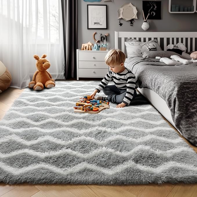 RUGTUDER 4x6 Area Rugs for Living Room, Fluffy Fuzzy Washable Striped Rugs Shaggy Rug for Bedroom, Soft Plush Furry Rug Floor Carpet for Kids Room Nursery Classroom Dorm Office Decor, Grey and White