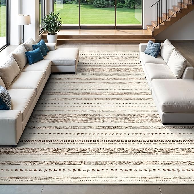 10x14 Large Area Rug: Soft Ultra Thin Machine Washable Farmhouse Area Rugs for Living Room Non-Slip Neutral Modern Geometric Indoor Floor Carpet for Bedroom Under Dinning Table Brown