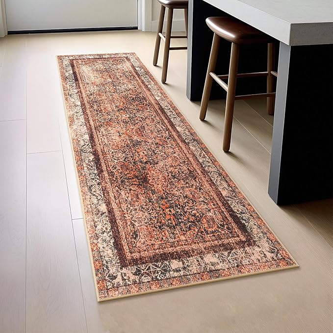 Phantoscope Hallway Runner Rug 2'x6' - Boho Washable Non-Slip Kitchen Rug Runner, Ultra-Thin Vintage Distressed Accent Throw R UG for Entryway Laundry Bathroom Bedroom, Brick Red/Black