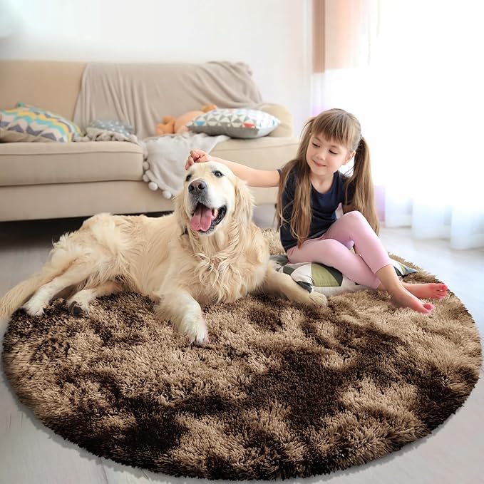 Tie-dye Coffee Fluffy Round Rug,Soft Area Rugs for Girls Room,Shaggy Rugs 4'X4' for Living Room,Non Slip Circle Rug for Kids Bedroom,Shag Plush Nursery Carpets,Fuzzy Rug for Dorm,Room Decor Carpet