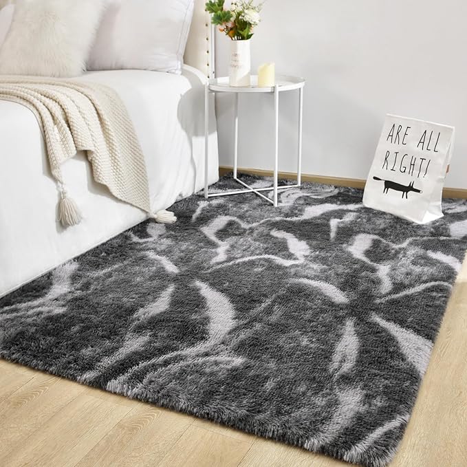 TWINNIS Super Soft Shaggy Rugs Fluffy Carpets, 5x8 Feet, Indoor Modern Plush Area Rugs for Living Room Bedroom Kids Room Nursery Home Decor, Upgrade Anti-Skid Rectangular Fuzzy Rug, Black Grey