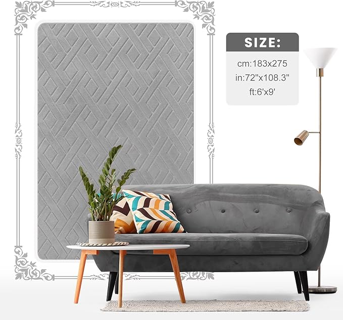 Ultra Soft Grey Area Rug for Living Room, 6x9 Modern Geometric Shag Rugs with Nonslip Backing for Bedroom, Washable Fuzzy Carpet for Cozy Kids Room Nursery