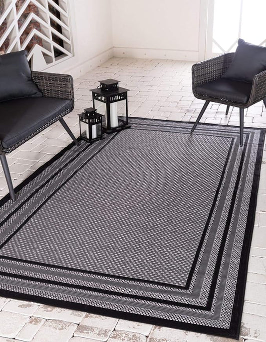 Unique Loom Outdoor Border Collection Area Rug - Multi Border (7' x 10' Rectangle, Gray/ Black)