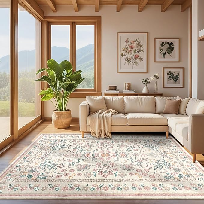 10x14 Area Rug Living Room Rugs - Washable Boho Vintage Floral Large Soft Non Slip Thin Rug Low Pile Carpet for Bedroom Dining Room Kids Playroom Office Decor Indoor- Pink