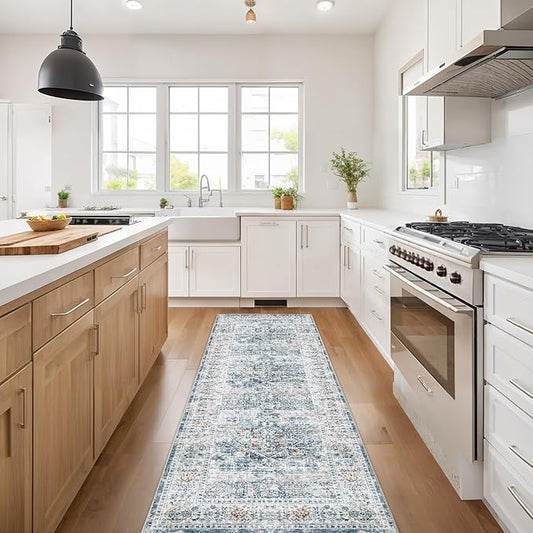 Hallway Runner Rug 2x7 Washable Area Rugs, Vintage Floral Rug Soft Non Slip Stain Resistant Boho Floor Carpet Runners for Hallways Entryway Laundry Room Kitchen, and Bedroom White Blue