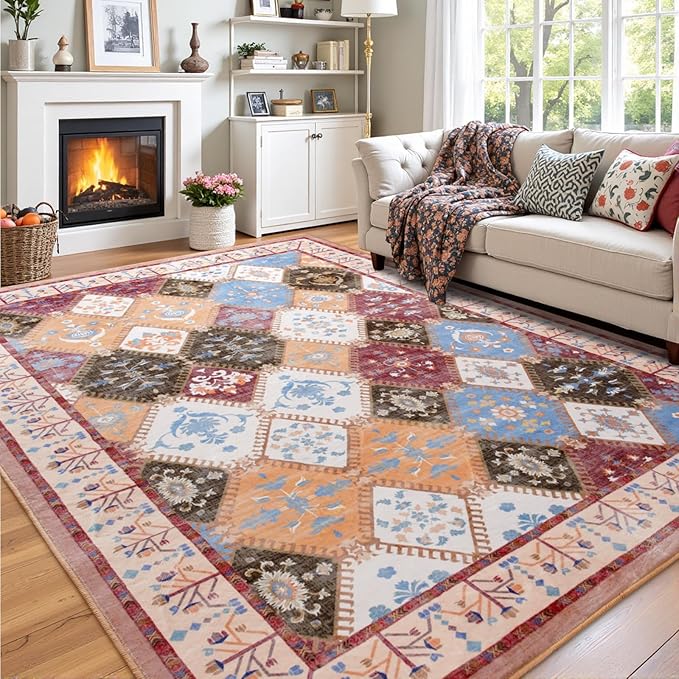 6x9 Washable Area Rug for Living Room, Brown Boho Non-Slip Bedroom Rugs, Moroccan Floral Trellis Carpet Soft Low Pile Vintage Indoor Mat for Kitchen Laundry Room