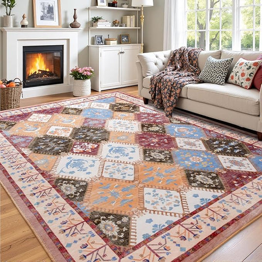 6x9 Washable Area Rug for Living Room, Brown Boho Non-Slip Bedroom Rugs, Moroccan Floral Trellis Carpet Soft Low Pile Vintage Indoor Mat for Kitchen Laundry Room