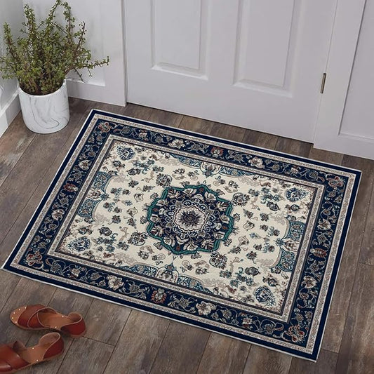 2x3 Boho Rug for Entryway Boho Area Rugs Machine Washable Retro Navy Blue Rug Non Slip Printed Low-Pile Indoor Door Mat Floor Carpet for Kitchen Bathroom Laundry
