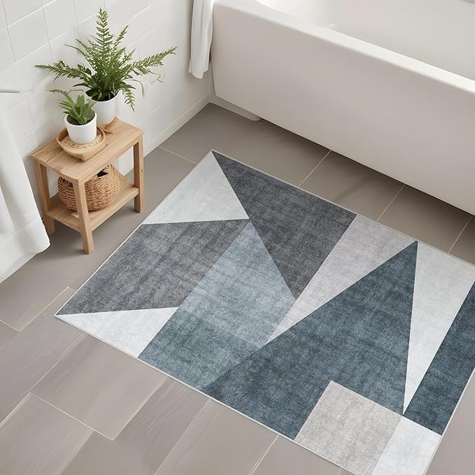 Washable Modern Area Rug: 2x3 Geometric Area Rugs for Entryway Small Mat for Kitchen with Non-Slip Backing Indoor Bedroom Door Mat for Bathroom Floor Blue Grey 2'x3'.