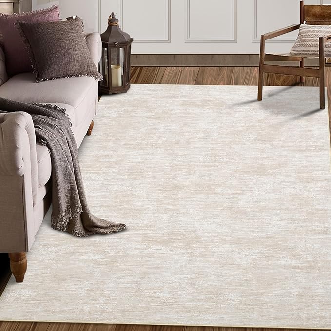 Washable Rug 10x13 for Living Room Modern Abstract Area Rug Non-Slip Large Contemporary Bedroom Rug Stain Resistant Aesthetic Accent Floor Carpet Foldable Solid Rug for Home Office, Beige