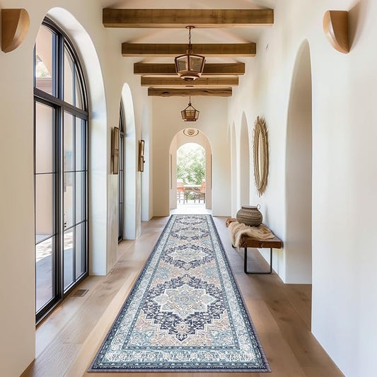 BESTSWEETIE 2x10 Area Rugs for Living Room, Washable Ultra Soft Boho Vintage Print Pattern Rug Non Slip Low Pile Carpet for Dining Room Bedroom Entryway Indoor-Navy/Light Blue/Natural